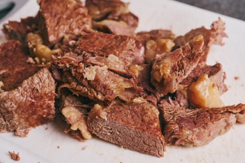 Tender beef cut into bite size pieces for soup
