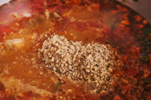 Walnuts melting into the beef soup while simmering