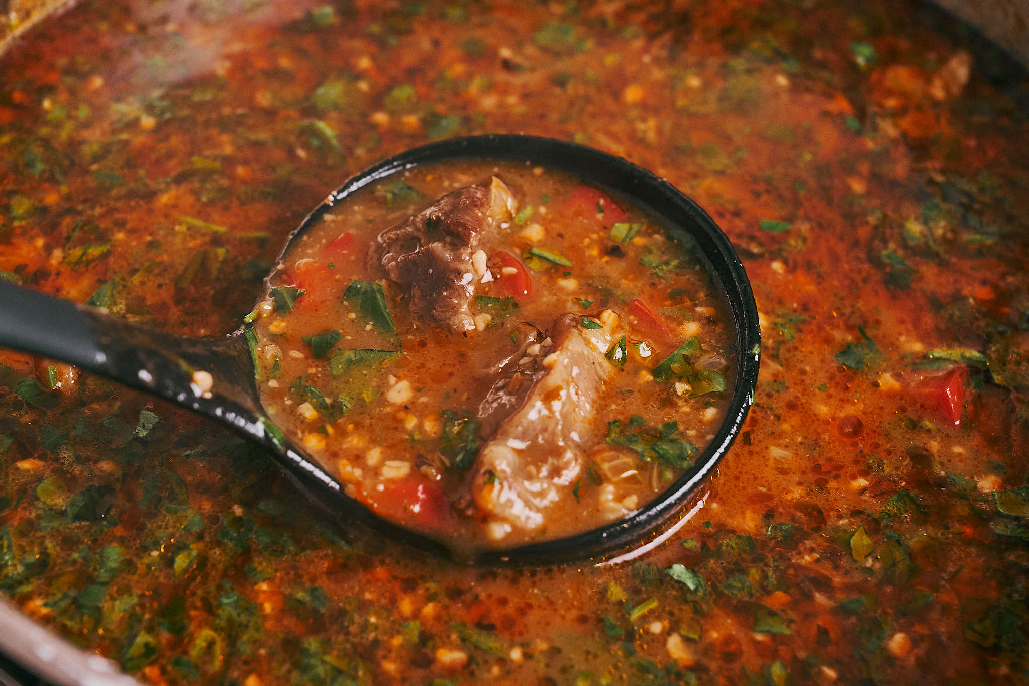 Rich beef soup with tender beef, walnuts, and rice in a pomegranate-based broth