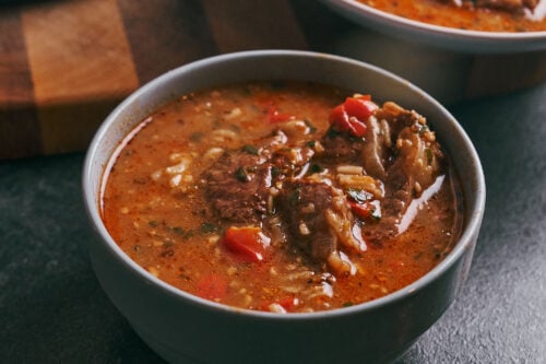 Beef soup with walnuts served in a bowl
