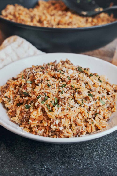 Creamy ground beef and rice served in a bowl