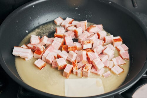 chopped bacon added to melted butter in a skillet