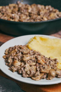 creamy ground beef and mushroom sauce served with mashed potatoes