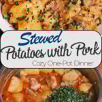 Stewed potatoes with pork in a pot, topped with fresh parsley