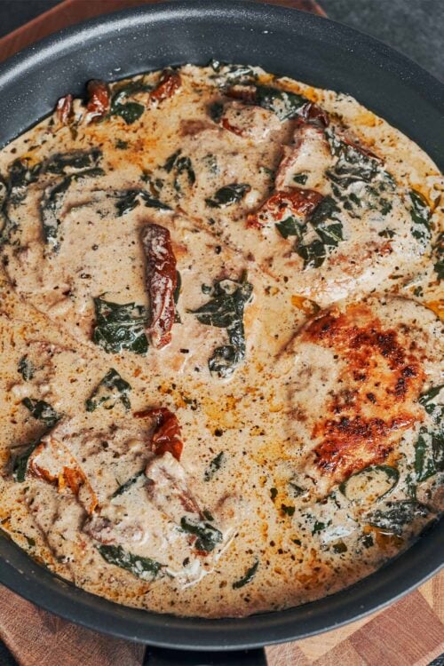 Creamy Tuscan chicken with sun-dried tomatoes, spinach, and a rich garlic Parmesan sauce