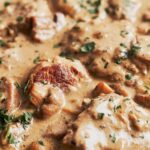 pork tenderloin medallions in creamy mushroom cognac sauce served with rice