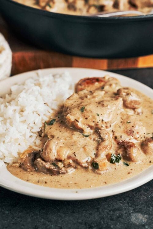 creamy cognac pork tenderloin served with rice