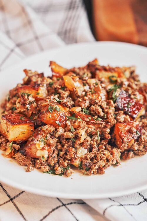 budget ground beef and potatoes served on a plate