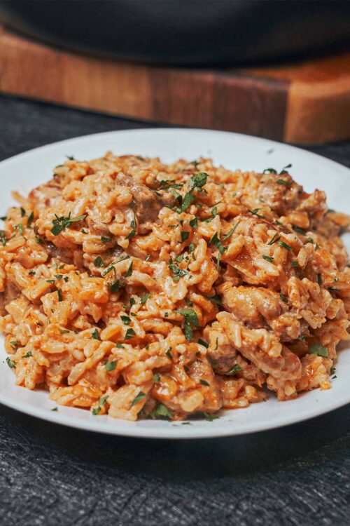 creamy chicken and rice served on a plate with fresh parsley