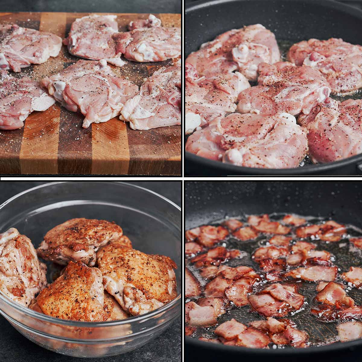 seasoning chicken thighs and cooking bacon in skillet for creamy chicken recipe