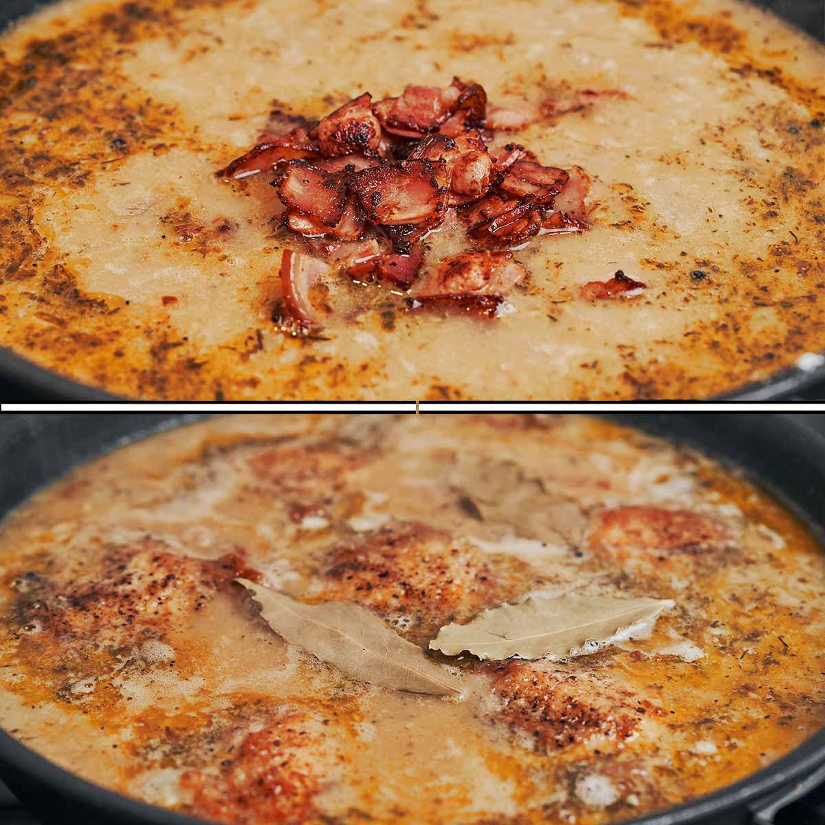 creamy chicken thighs simmering in bacon cream sauce in skillet