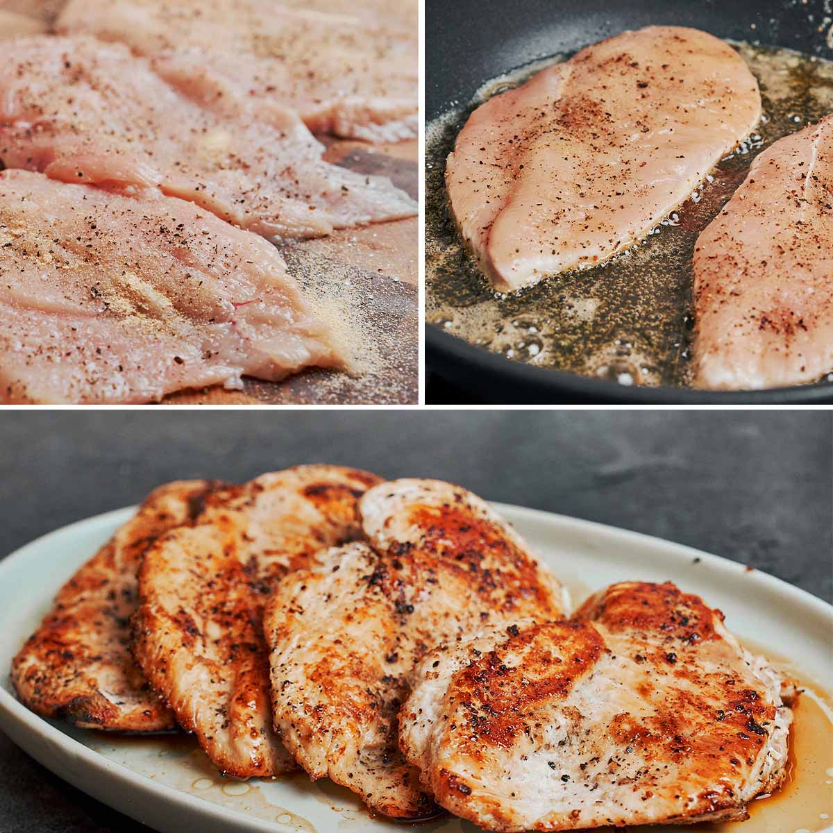 Season the chicken and sear until golden on both sides. Set aside.