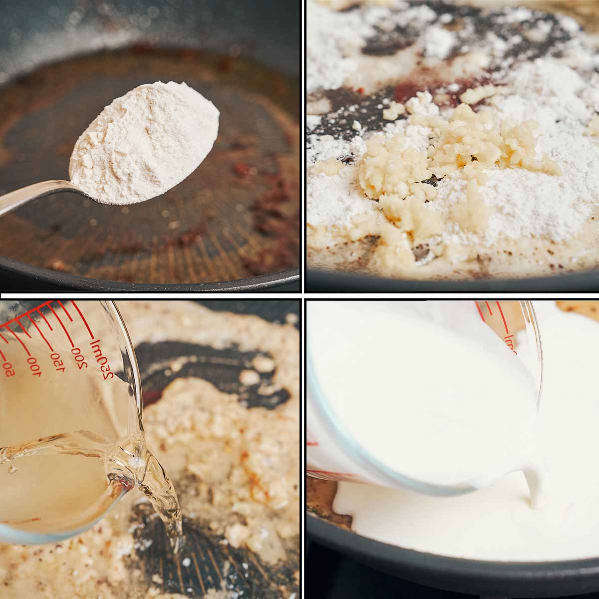 Make the creamy sauce with garlic, broth and cream.