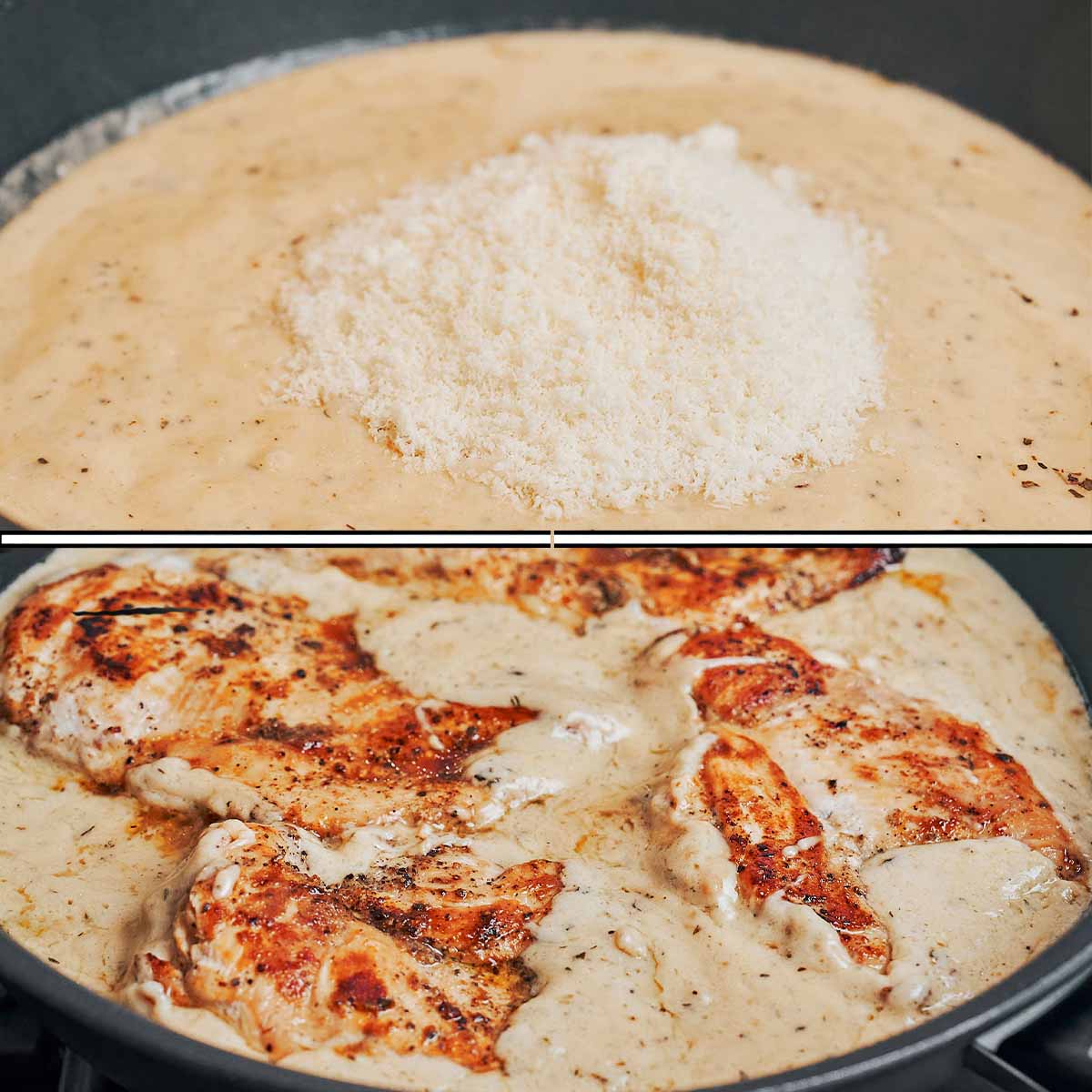Add parmesan and return the chicken to finish cooking in the sauce.