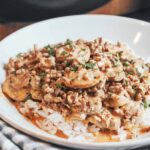 easy ground beef stroganoff with mushrooms in creamy sauce