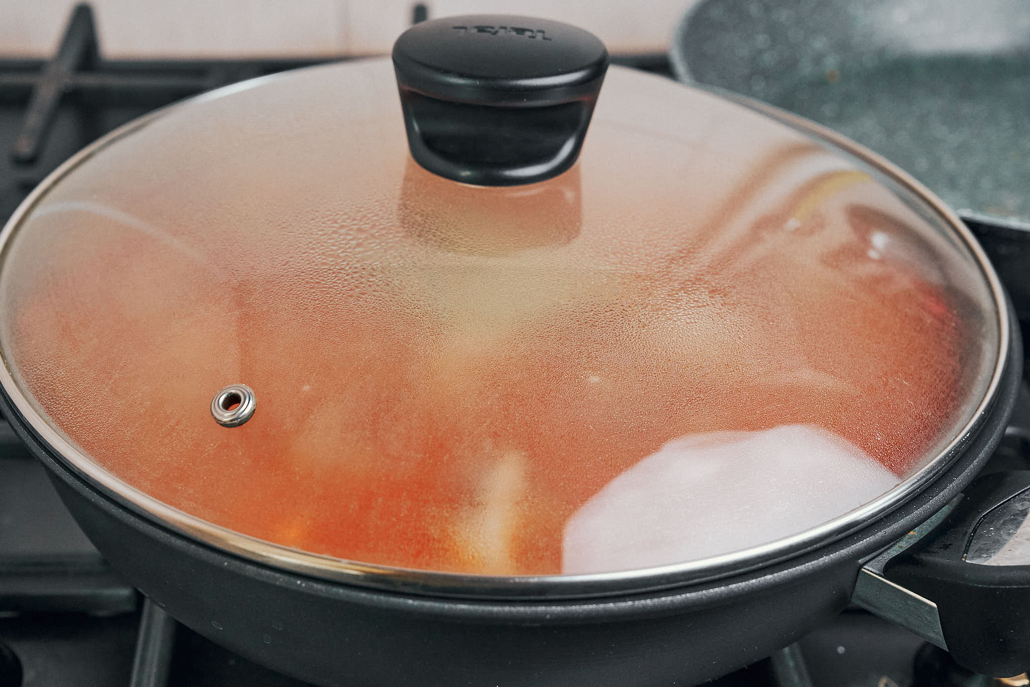 pork stew simmering under lid on stovetop