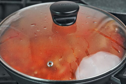 pork stew covered and finishing on stovetop