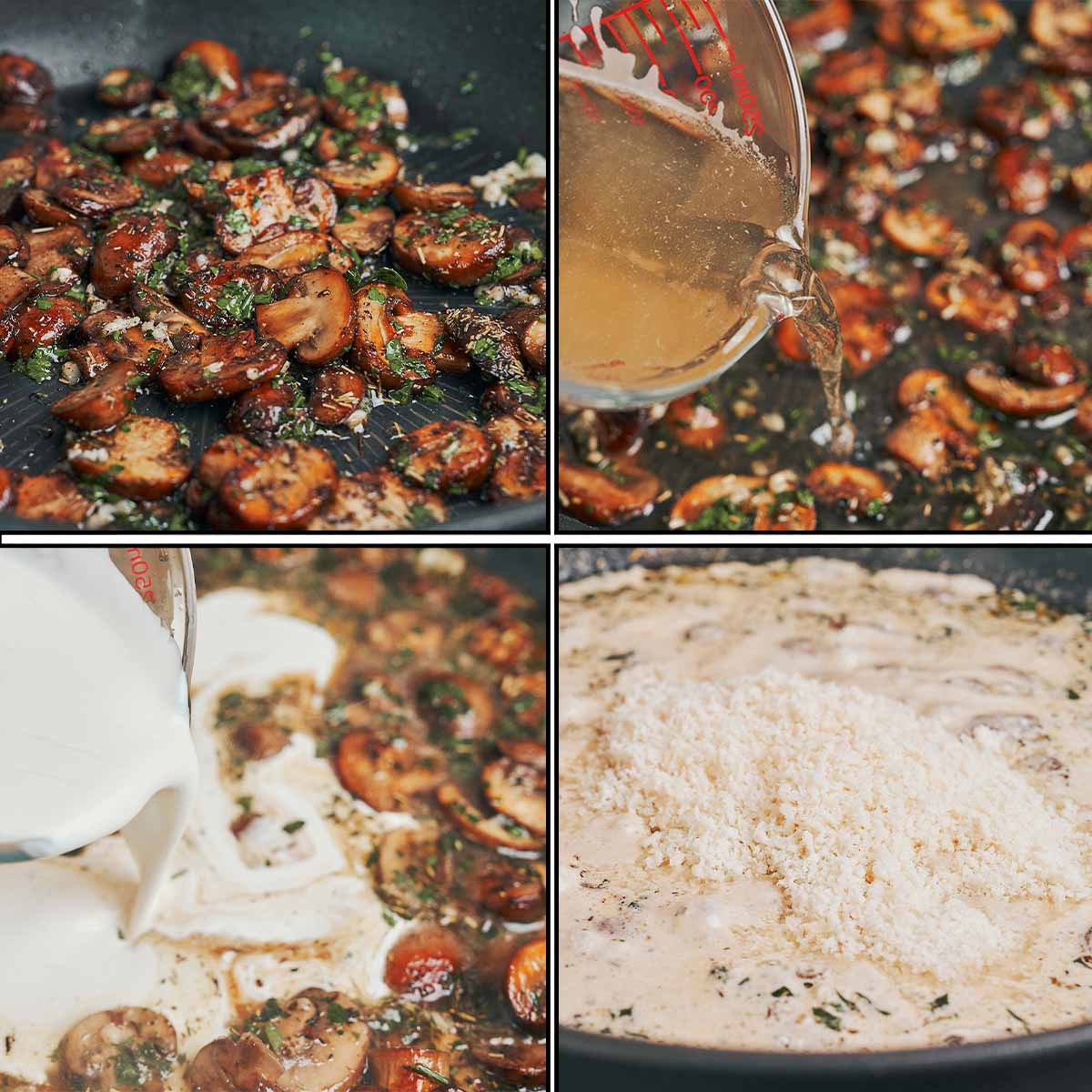 Cooking mushrooms and making creamy sauce with broth, cream, and parmesan