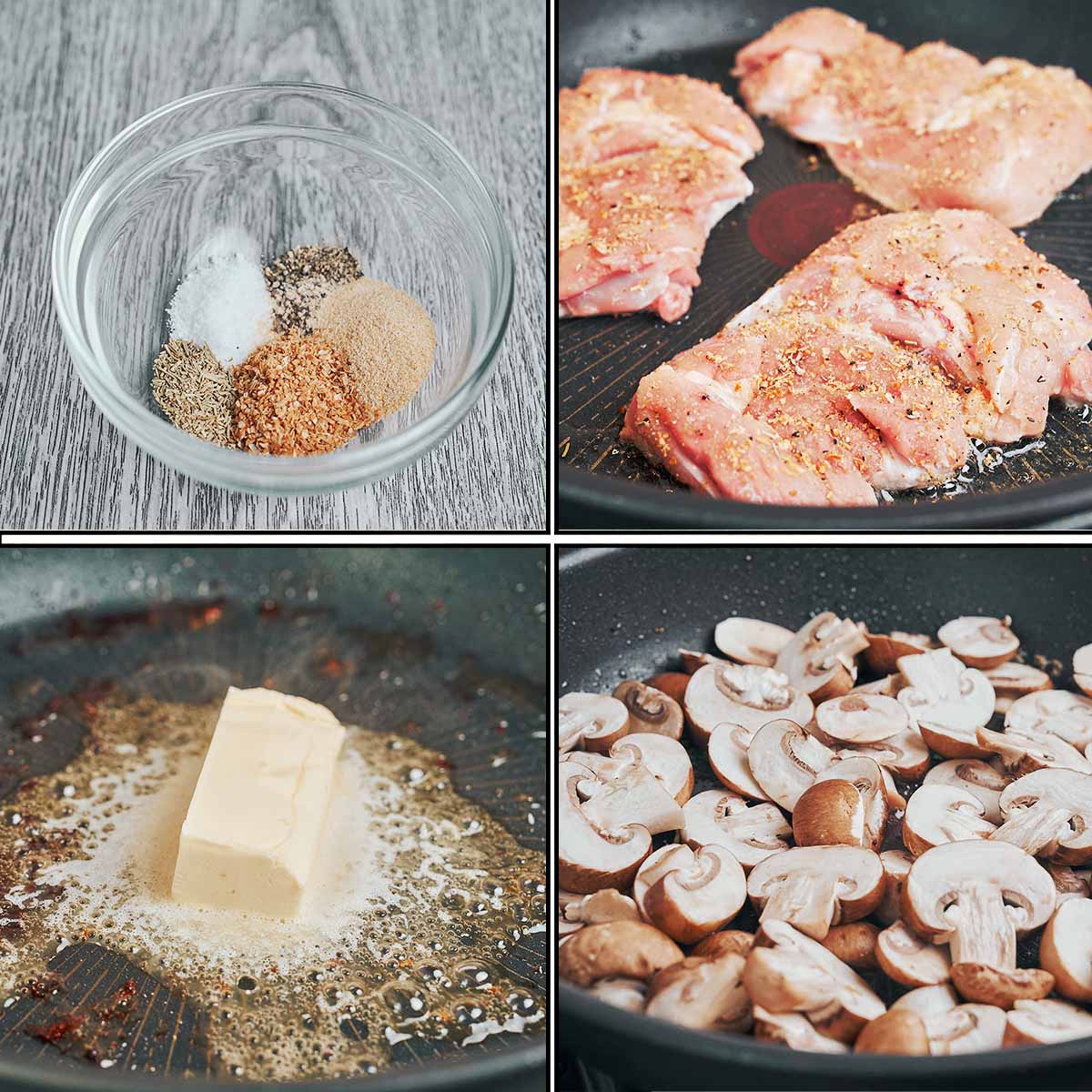 Seasoning chicken thighs and searing in a skillet with butter and spices