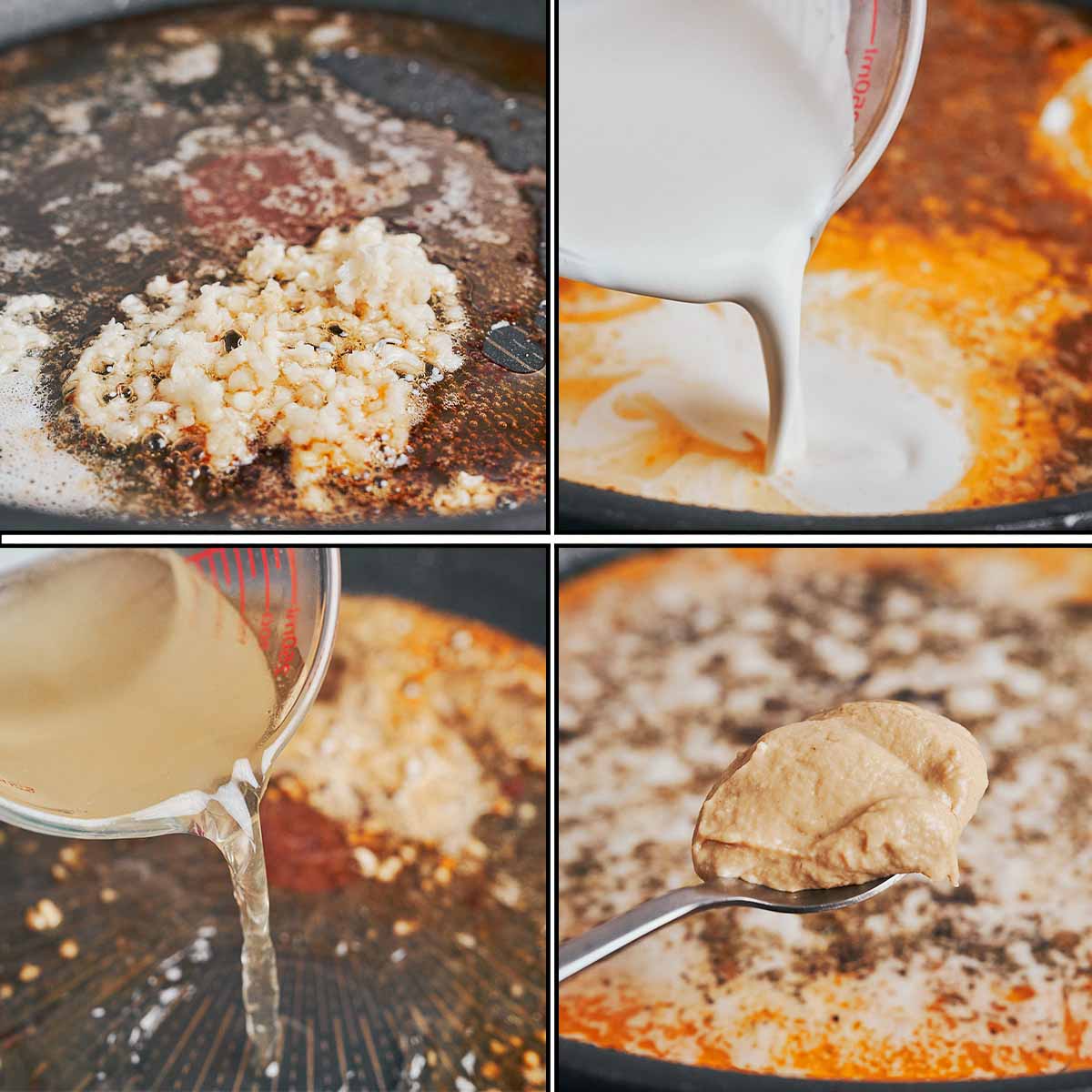 garlic cooking in butter, cream and broth being added to build a rich creamy sauce