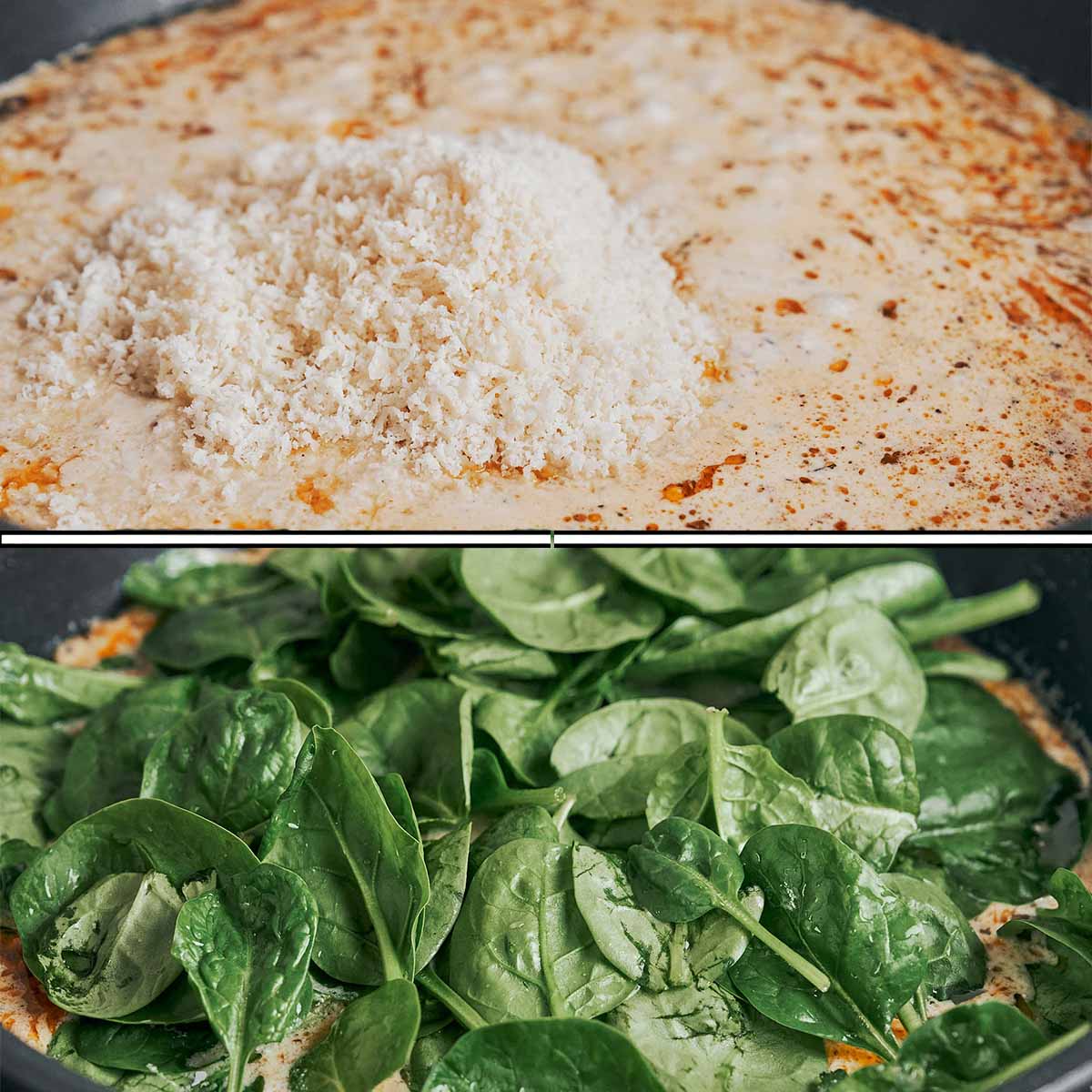 parmesan melting into cream sauce with fresh spinach wilting in the skillet
