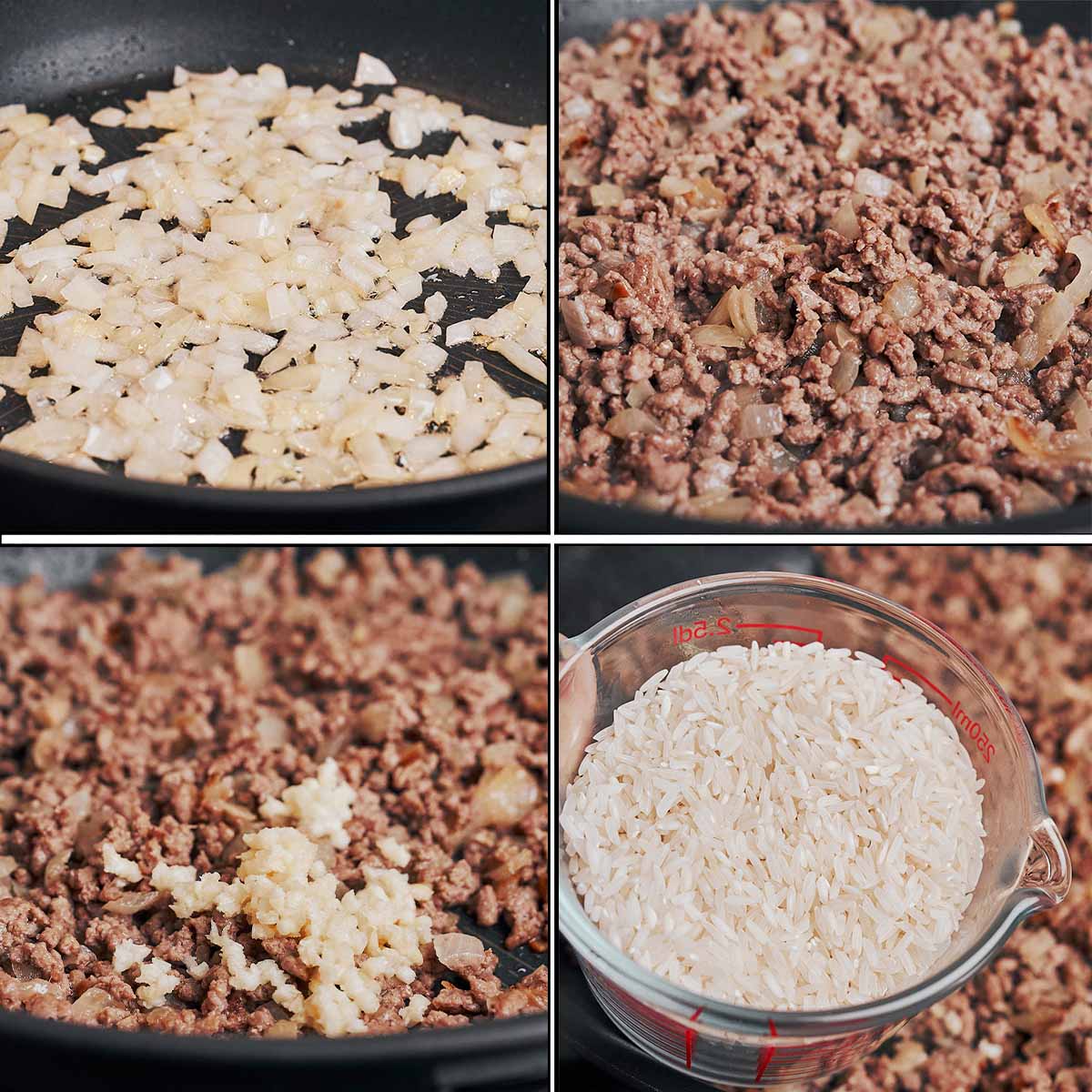 Brown the ground beef with onions until lightly caramelized, then add garlic and rice.