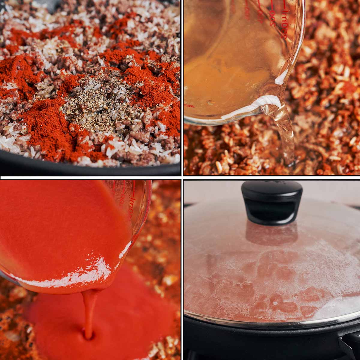 Add the spices, broth and tomato sauce, then cover and simmer until the rice is tender.