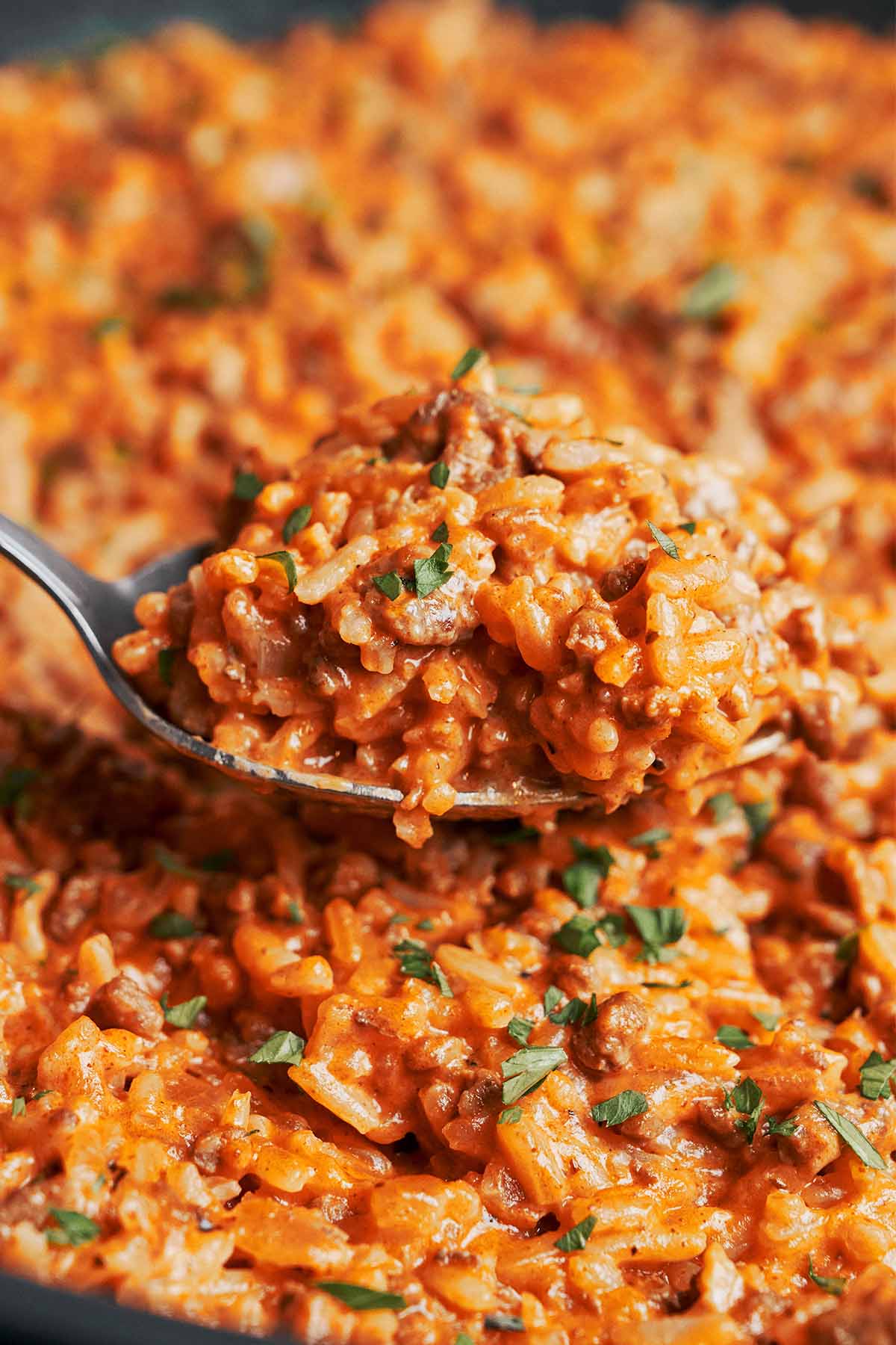 a spoonful of creamy tomato ground beef and rice skillet with fresh parsley