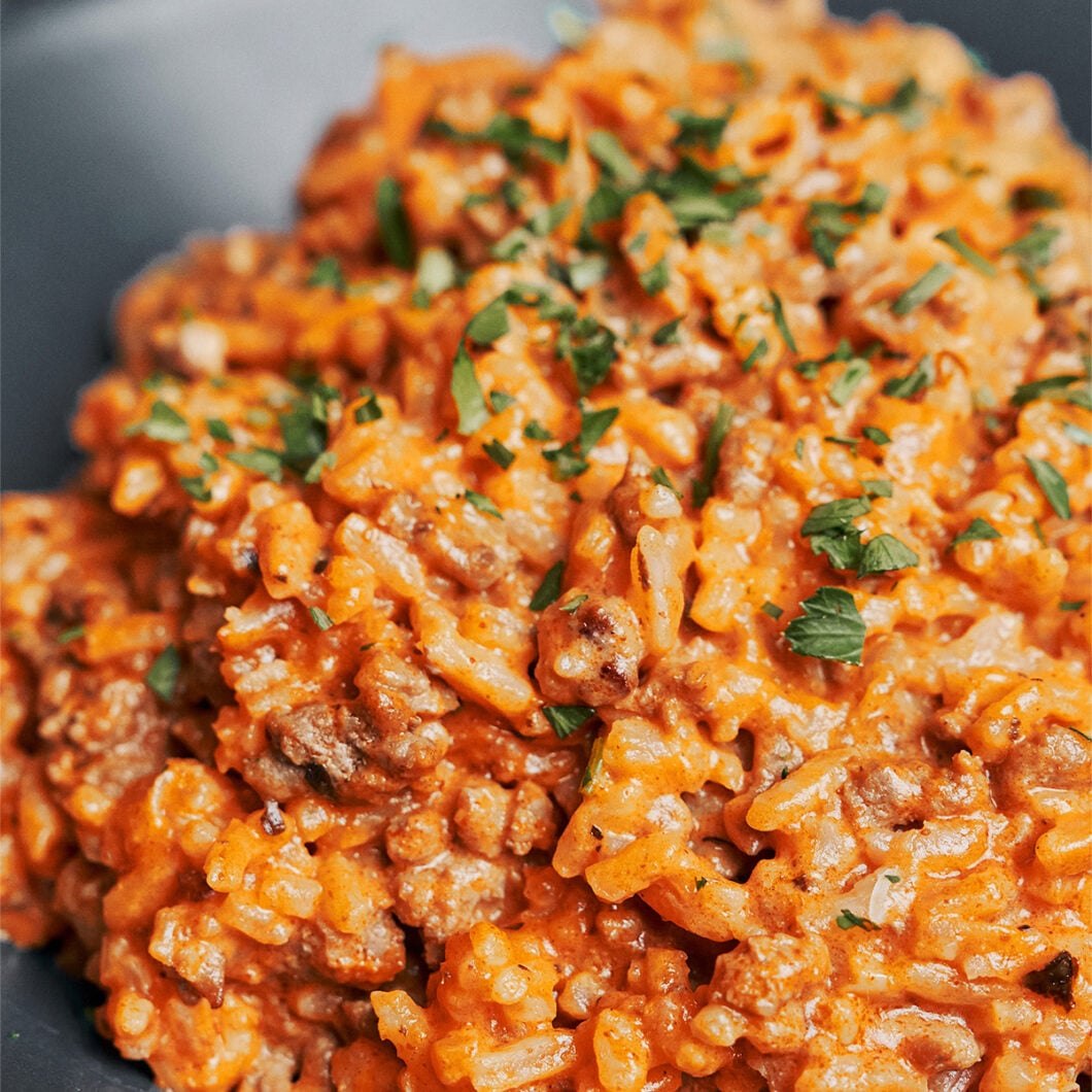 Creamy Tomato Ground Beef and Rice Skillet