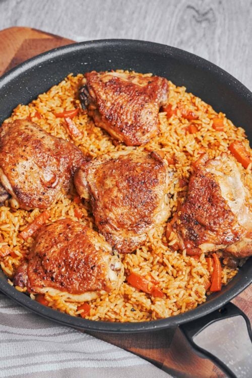 the finished chicken and rice skillet ready to bring to the table