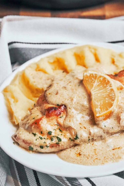 creamy lemon chicken served with mashed potatoes