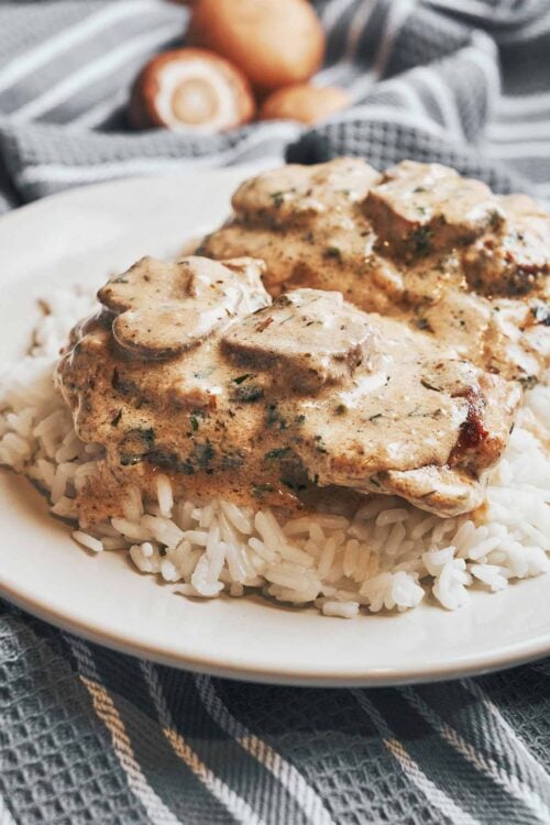 tender chicken covered in rich mushroom cream sauce over warm white rice