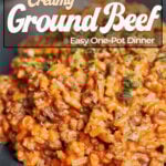 creamy tomato ground beef and rice skillet served warm with fresh parsley