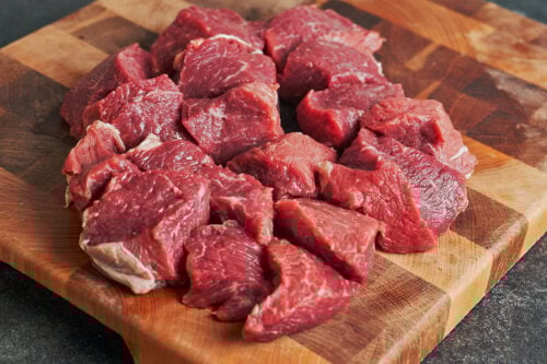 freshly cut beef chuck pieces ready for a creamy beef stew