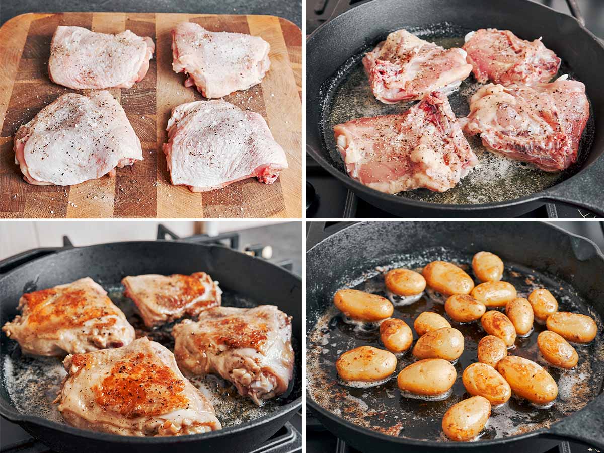 Chicken thighs seasoned and ready, then slowly searing in butter until golden, with potatoes cooking in the same pan and soaking up all those rich, savory flavors.