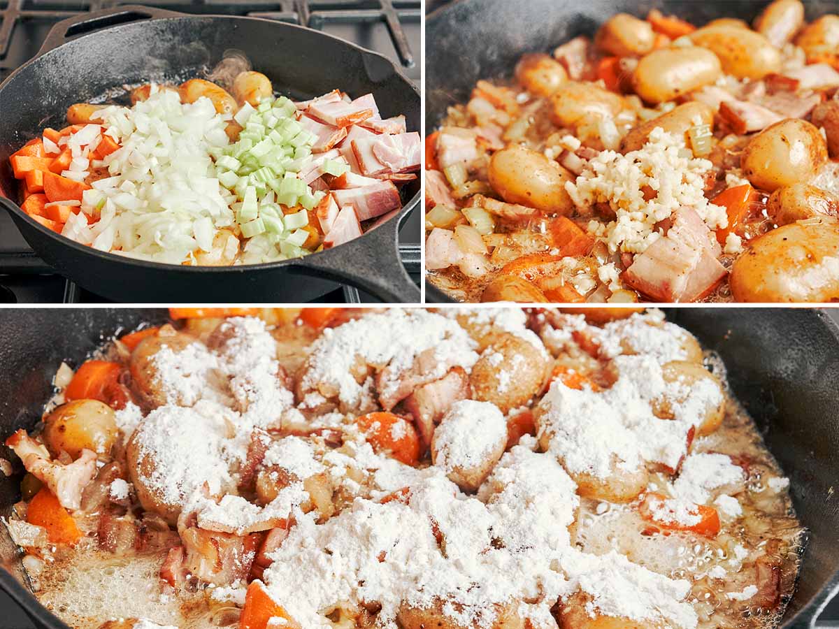Chopped vegetables and bacon softening in the skillet, garlic added for aroma, then a light sprinkle of flour to start building that rich, creamy sauce.