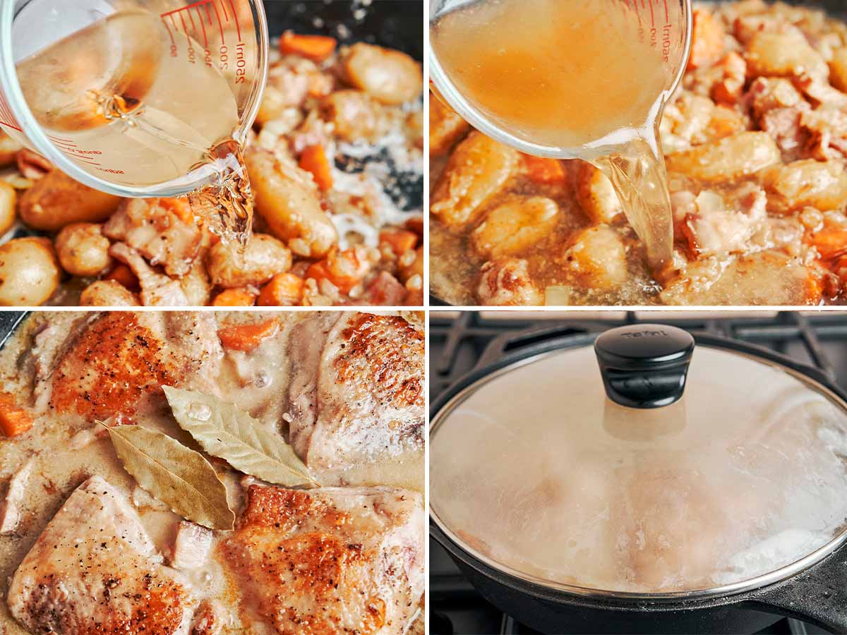Pouring white wine and broth into the pan, bringing the chicken back in, then letting everything slowly simmer until the sauce becomes rich, creamy, and full of flavor.