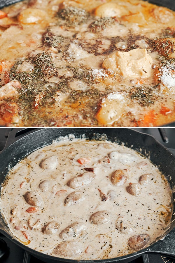The sauce coming together into a rich, creamy finish with tender chicken and potatoes, gently simmering with herbs in one cozy skillet.