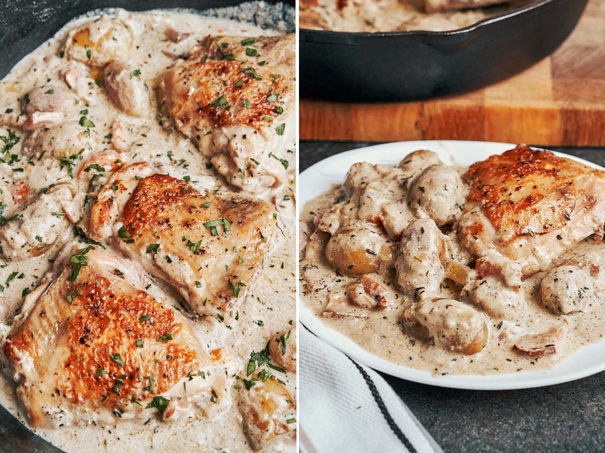 Golden chicken thighs with tender potatoes in a creamy Dijon sauce, finished with herbs and served warm for a cozy, comforting meal.