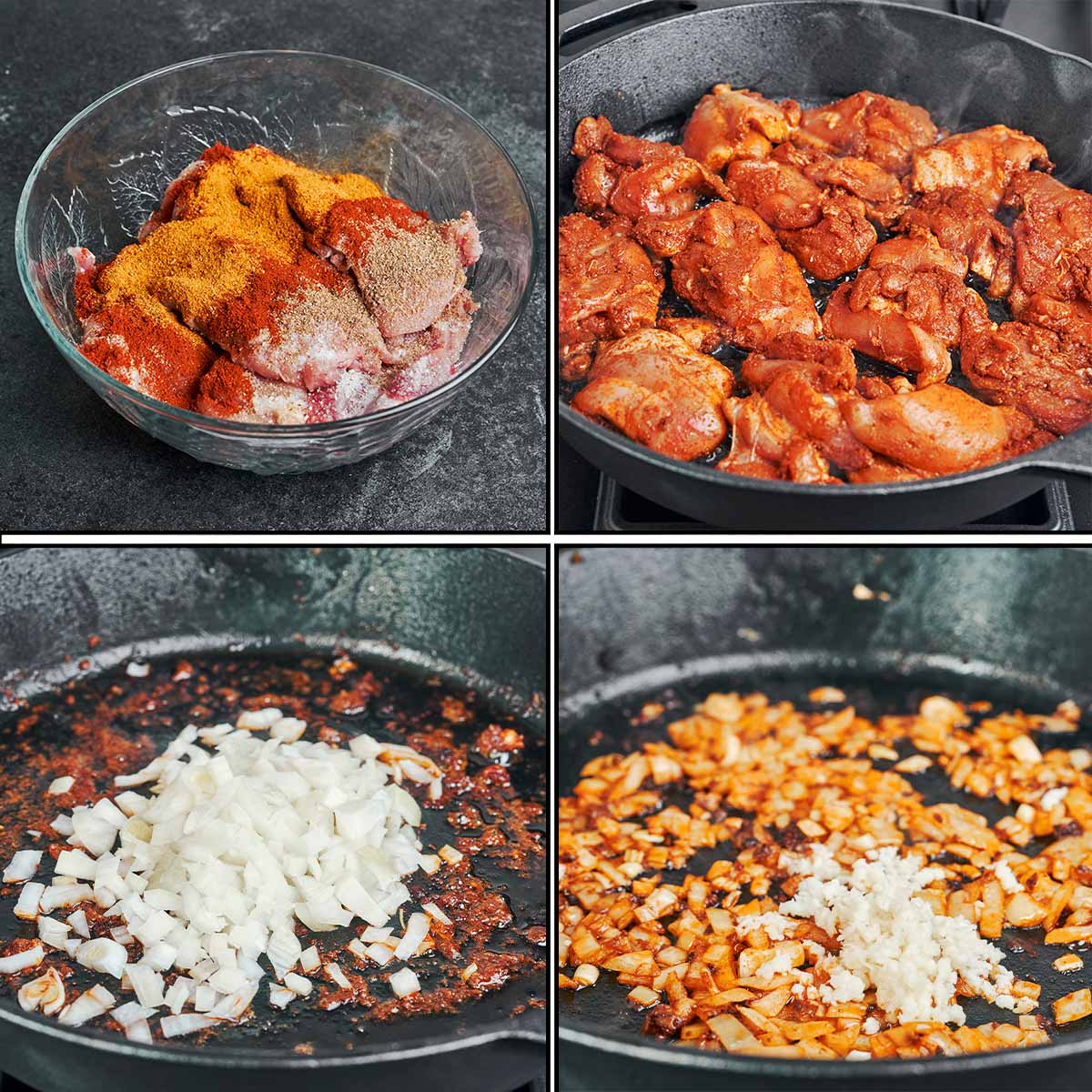 Chicken tossed with warm spices, seared until golden, then onion and garlic cooking in the same skillet to build a rich, flavorful base