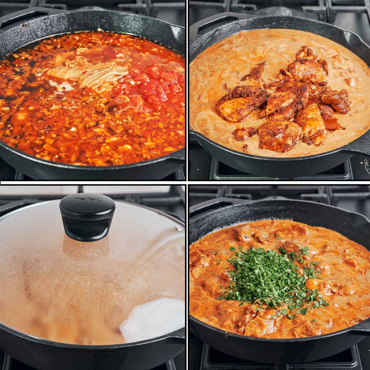 Peanut butter and crushed tomatoes slowly simmering into a rich, creamy sauce, with the chicken added back and fresh herbs scattered on top just before serving