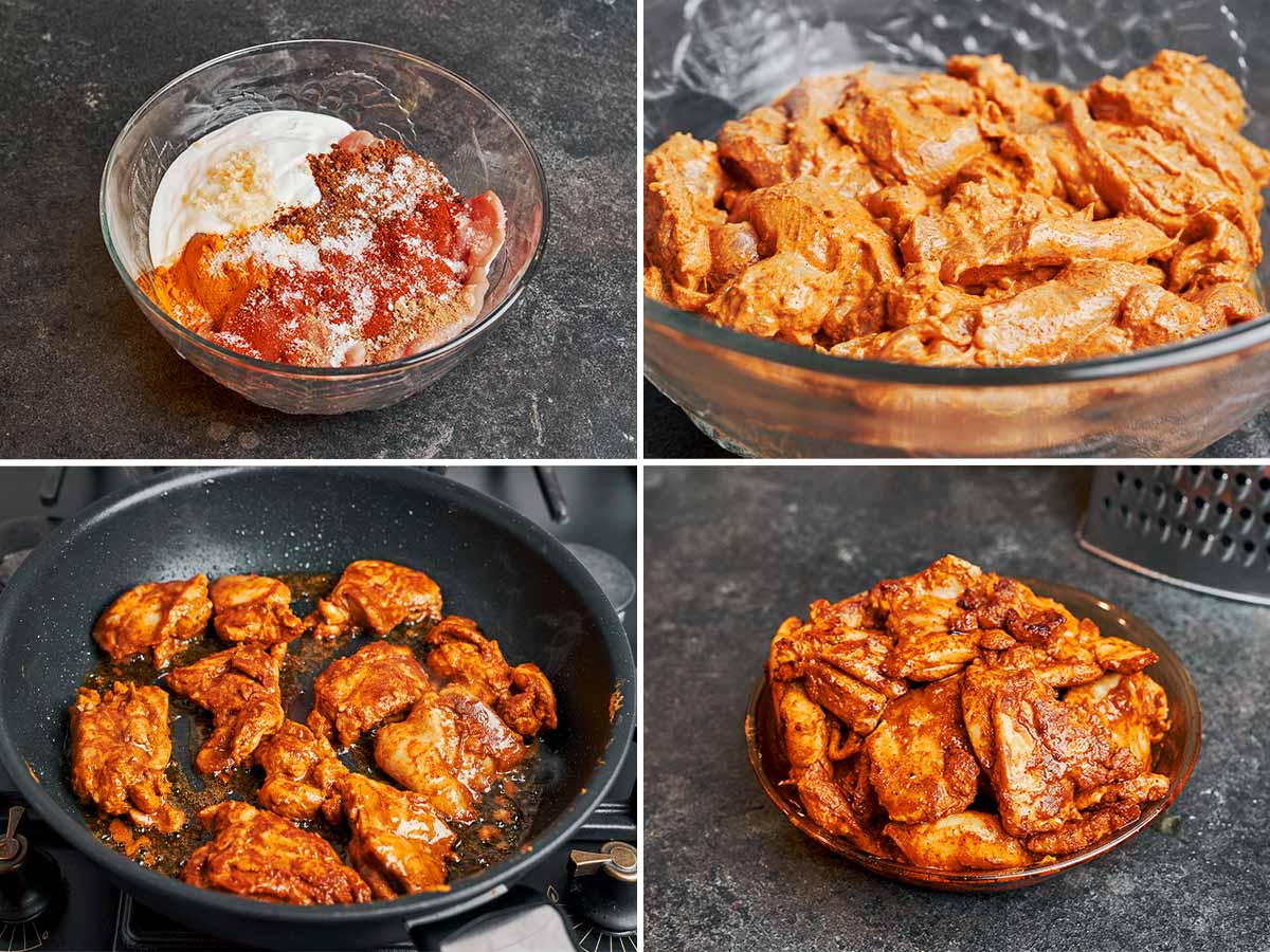 Chicken thighs marinated in yogurt and warm spices, then cooked in a skillet until tender and lightly golden