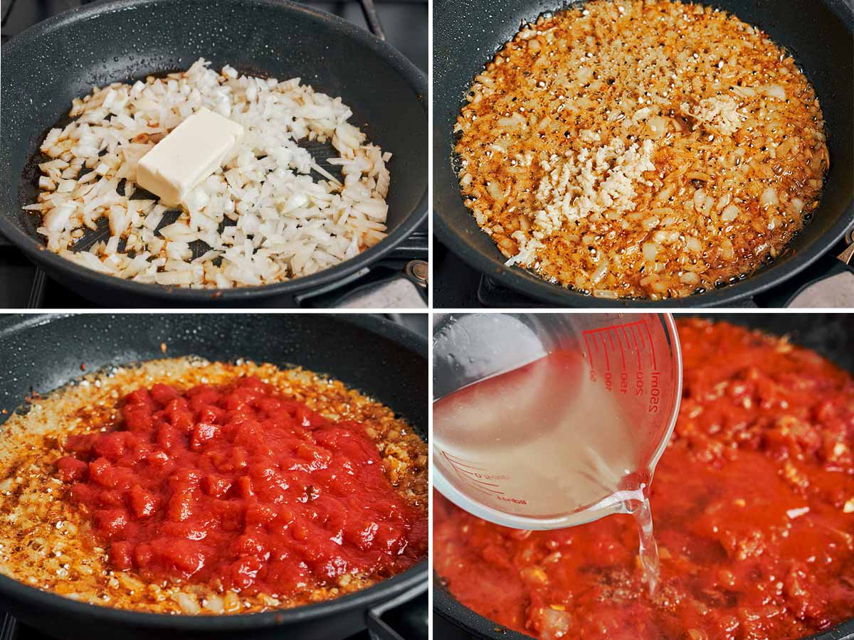 Onion, butter, garlic, ginger, tomatoes, and chicken broth coming together for a creamy butter chicken sauce