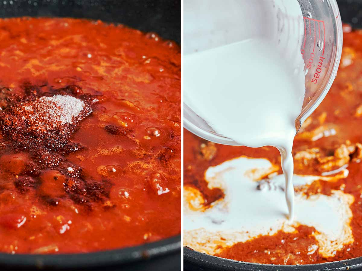 Heavy cream stirred into a spiced tomato sauce to make a smooth and rich butter chicken curry