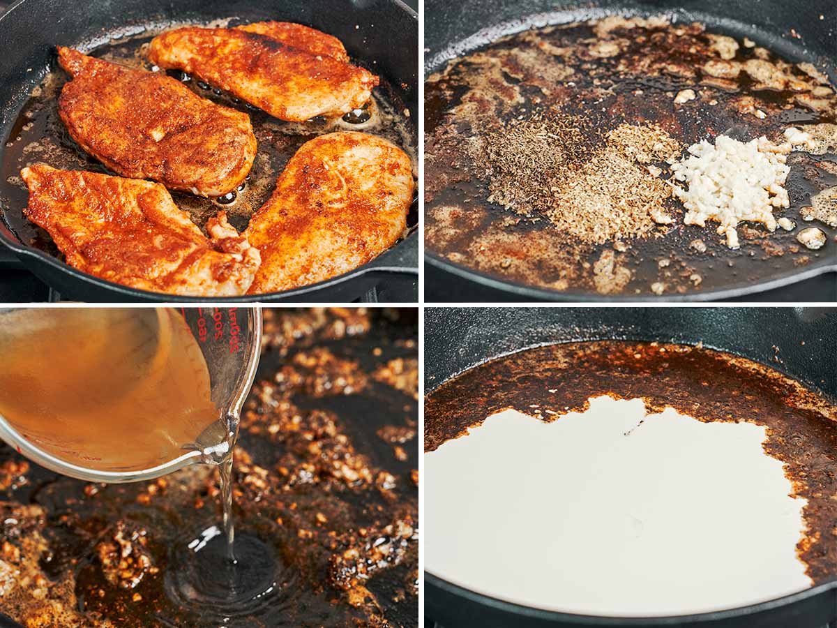 Golden seared chicken in a skillet, followed by garlic and dried herbs cooking in the pan, then chicken broth and cream added to build a rich, flavorful sauce