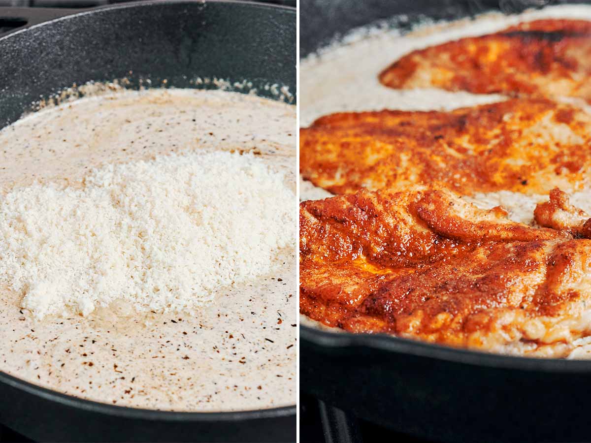 Creamy herb sauce simmering in a skillet with parmesan melting in, then golden seared chicken returned to the pan and coated in a rich, creamy sauce