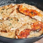 Creamy herb chicken in a skillet with golden seared chicken breasts coated in a rich garlic herb cream sauce and finished with fresh parsley