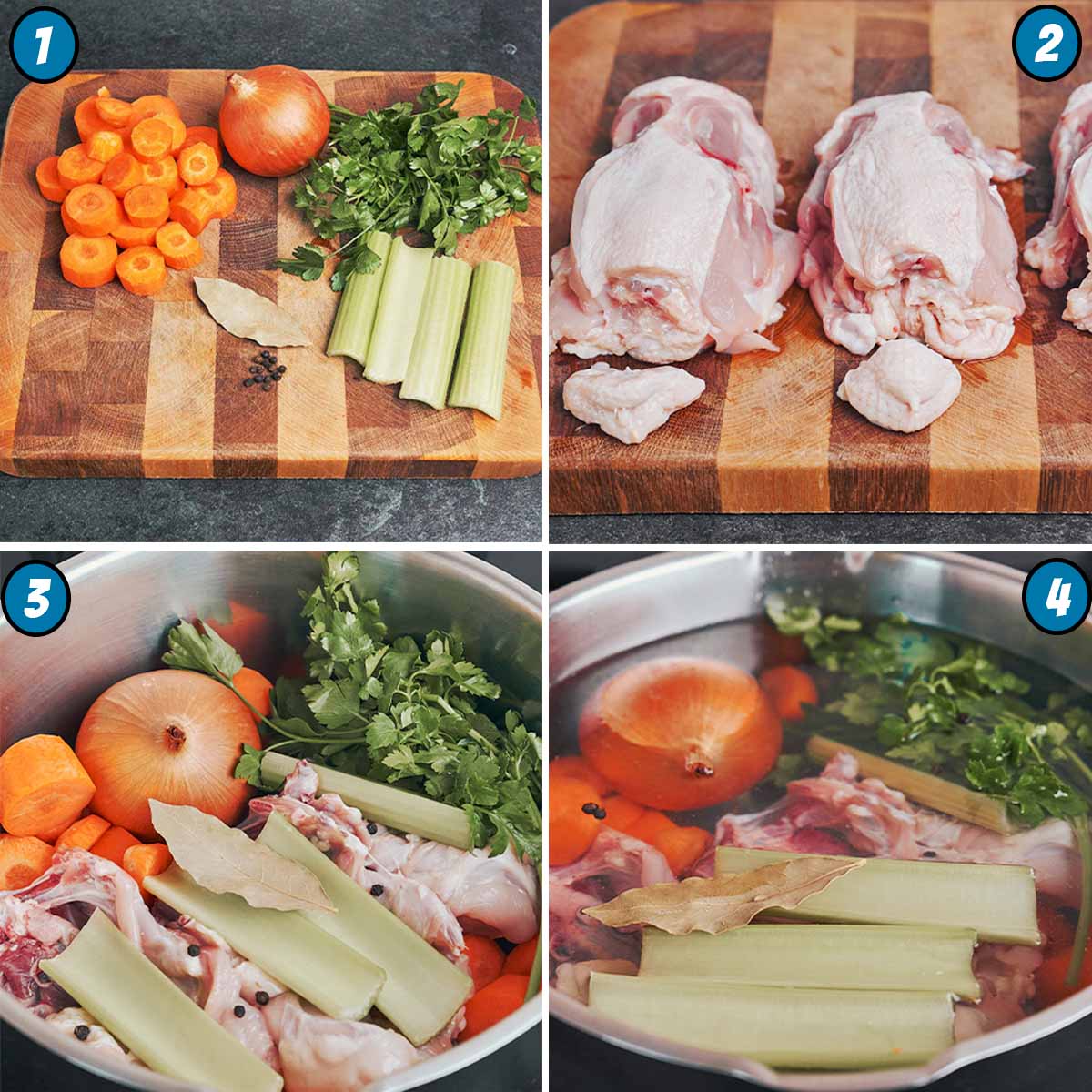 step by step homemade chicken broth starting with fresh vegetables chicken bones and simple ingredients