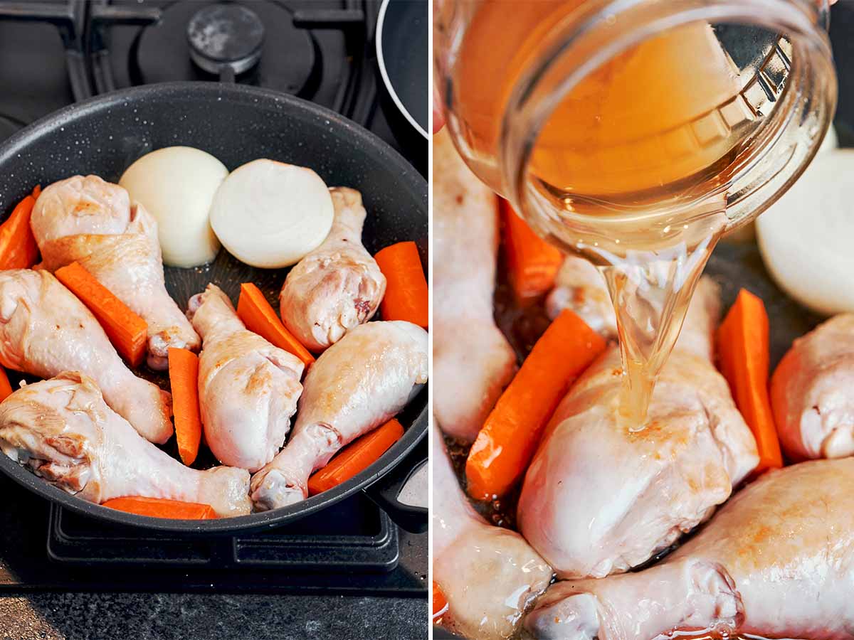Chicken simmering with onion, carrots, and warm broth for a homemade creamy sauce