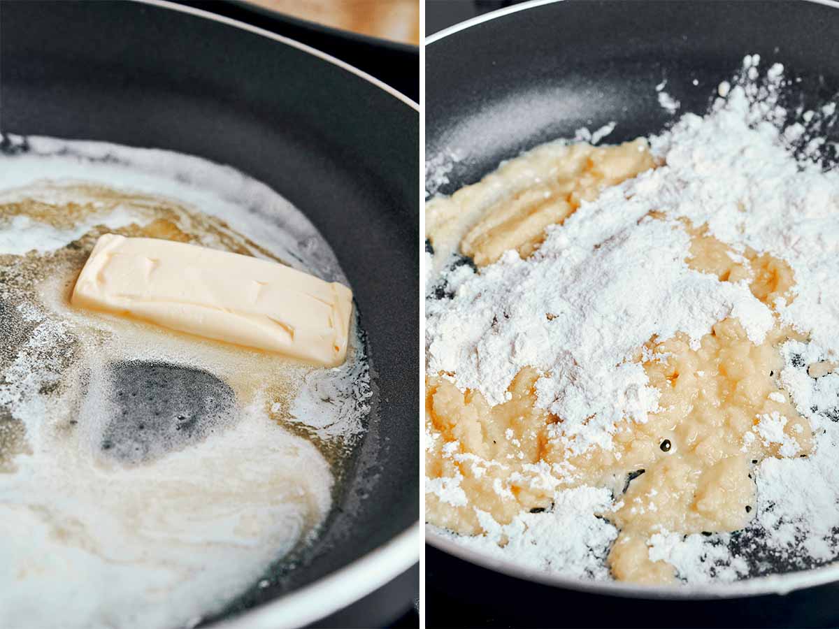 Butter and flour gently whisked together before adding warm chicken broth for the sauce